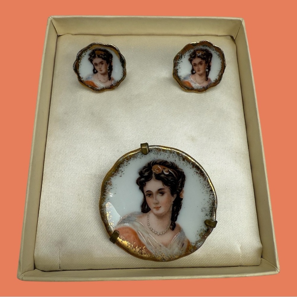 Vintage Limoges Porcelain Hand Painted Brooch and Screwback Earrings Set 1940s